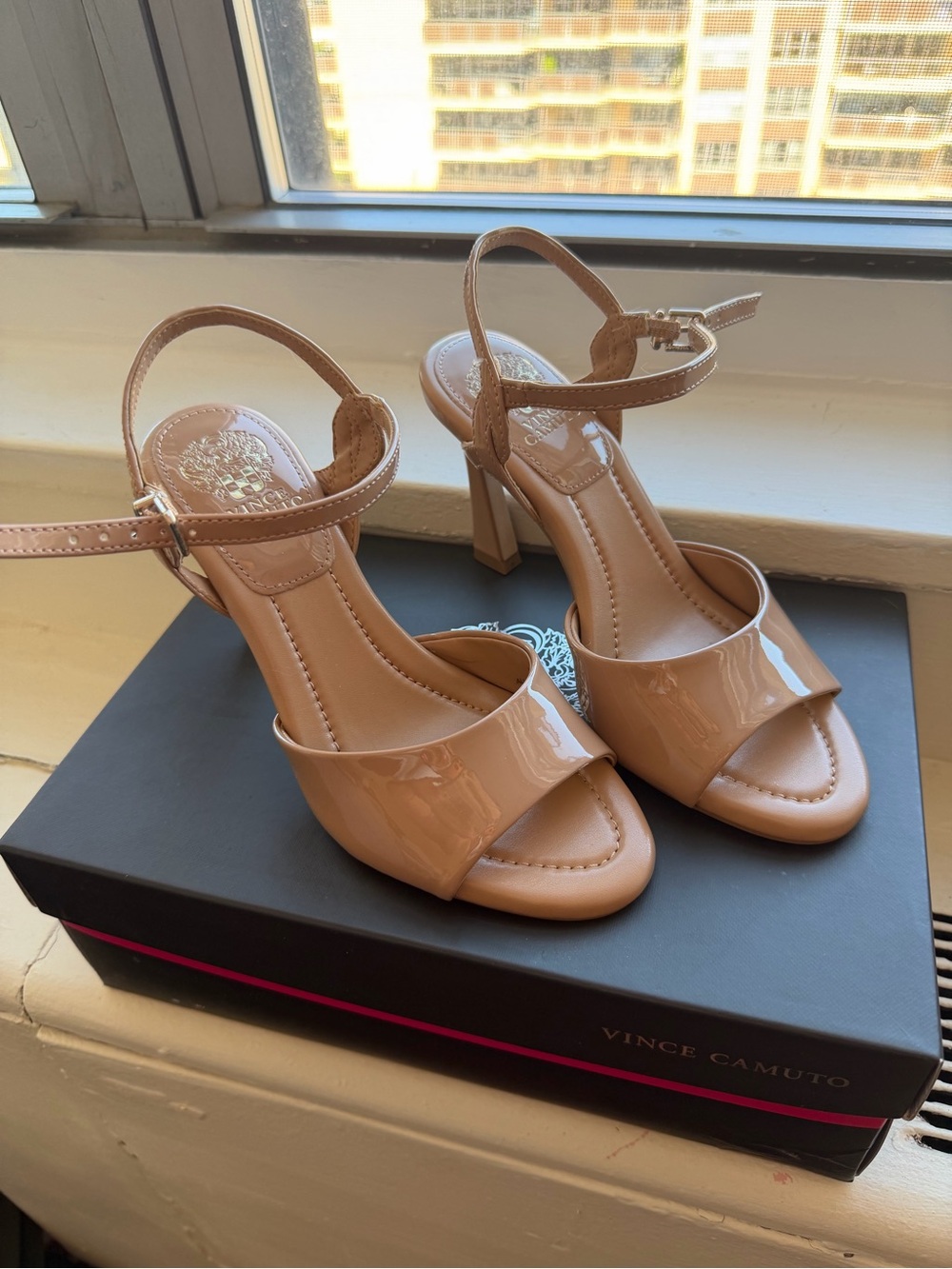 Vince Camuto nude Patent Ankle-Strap Block Heels